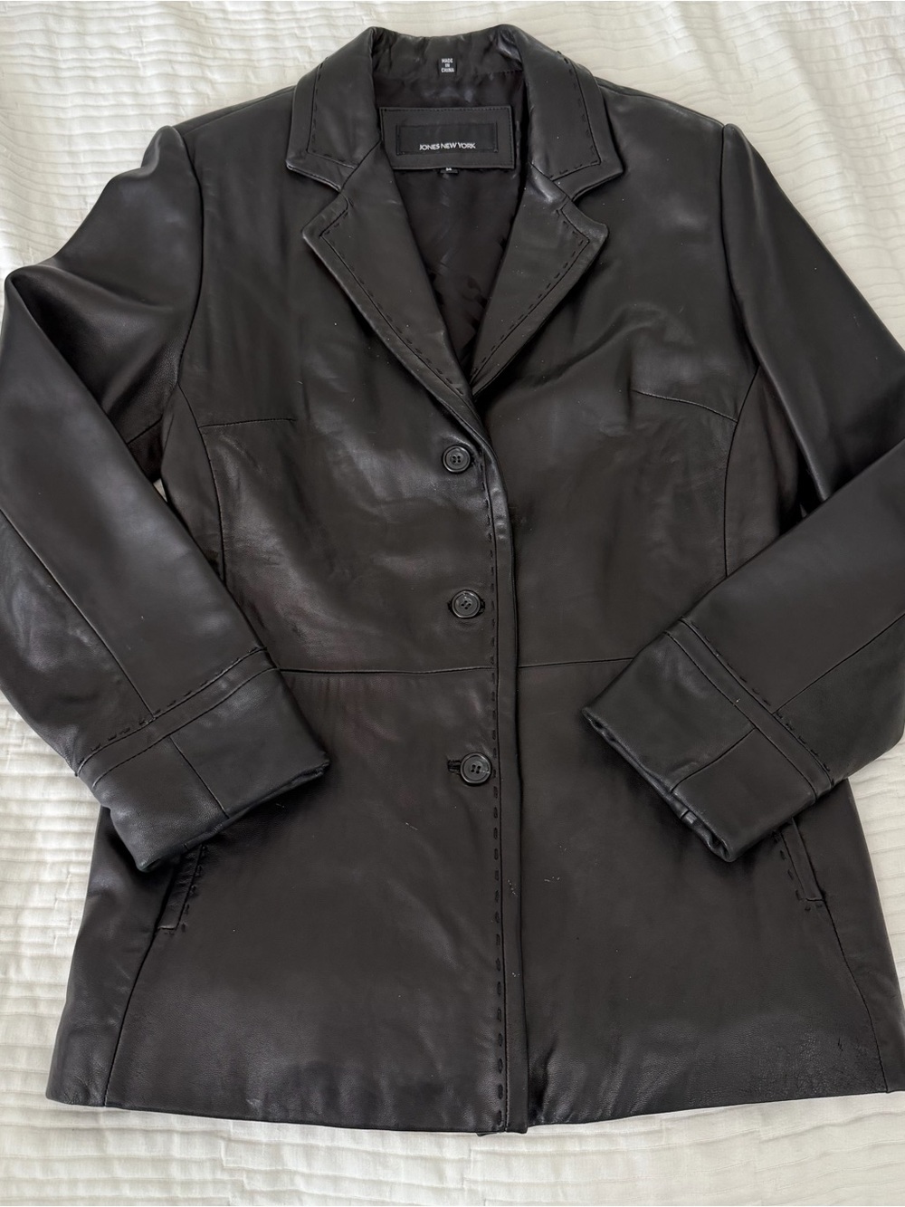 Jones New York Black Leather Button-Front Blazer